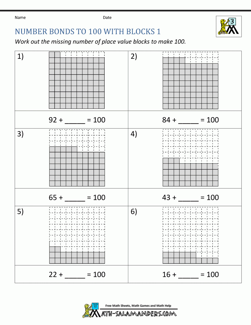 Number Bonds Worksheets To 100
