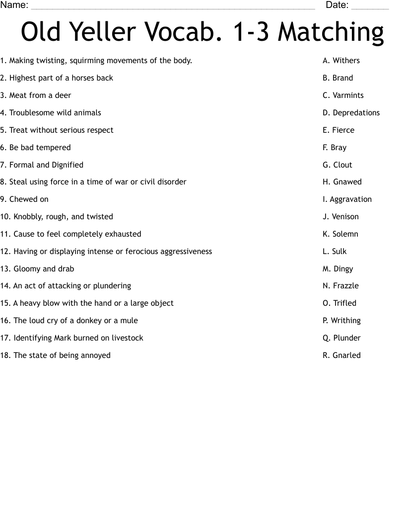 Old Yeller Vocab 1 3 Matching Worksheet WordMint