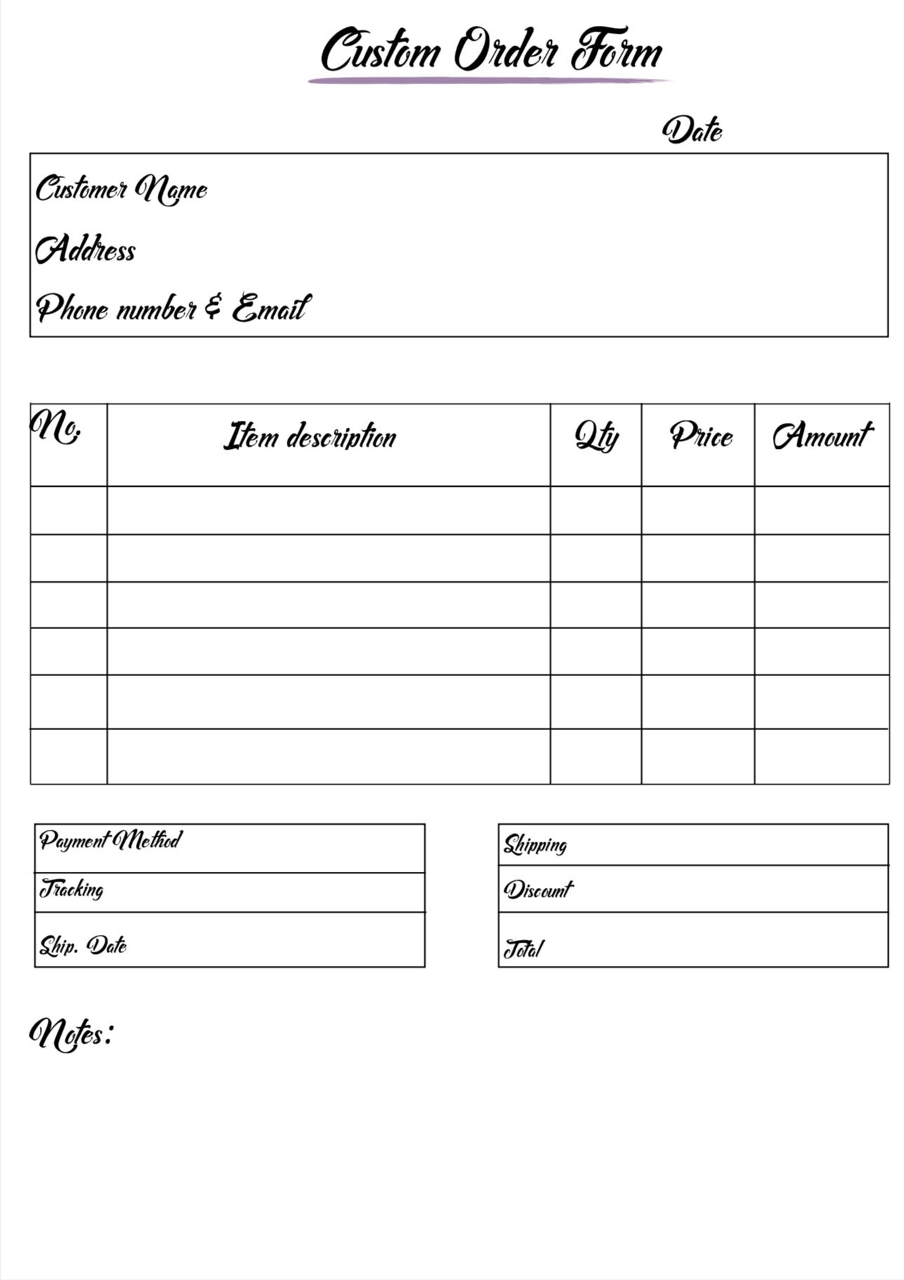 Free Printable Blank Order Form