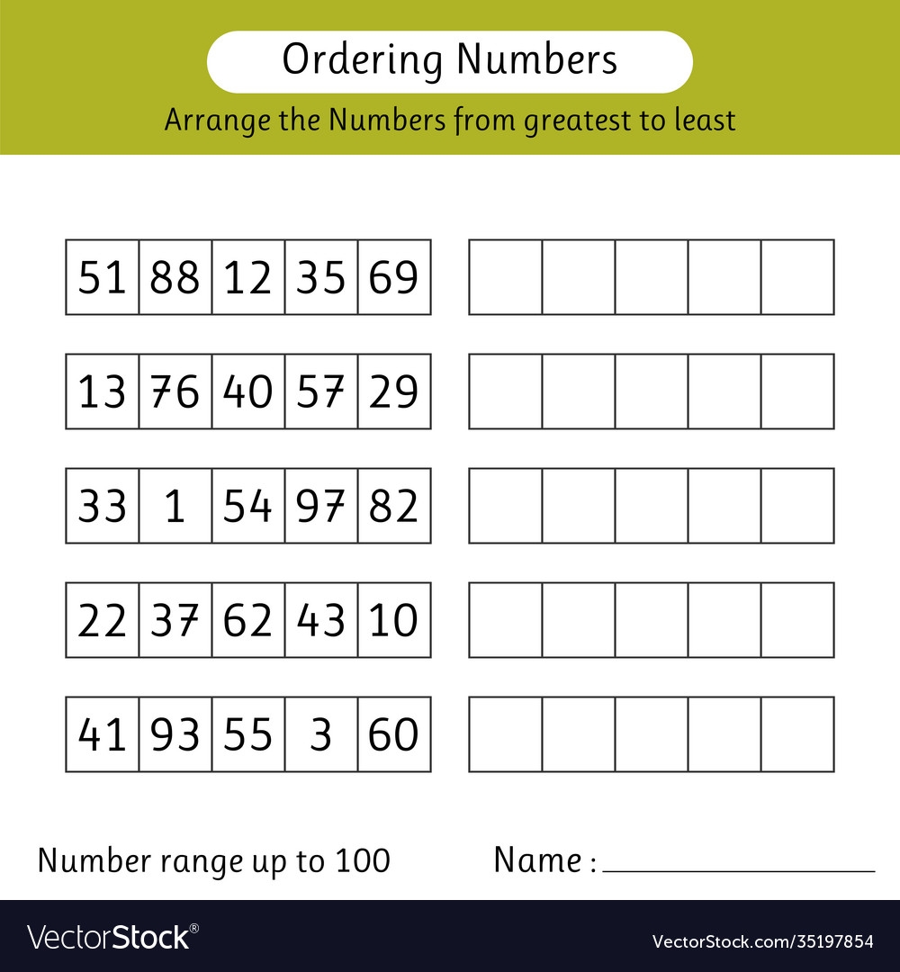 Ordering Numbers Worksheet Number Range Up Vector Image