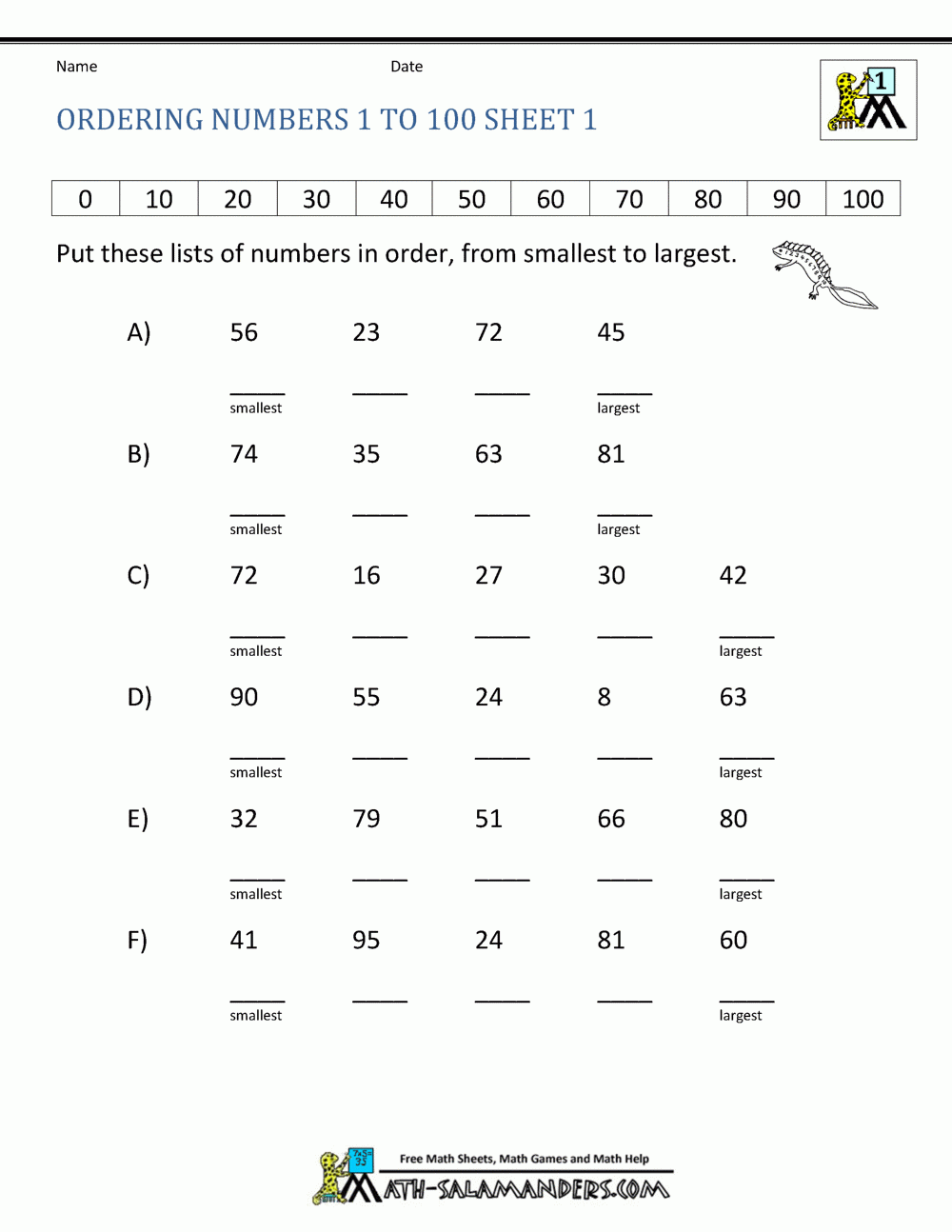 Ordering Numbers Worksheet Up To 99