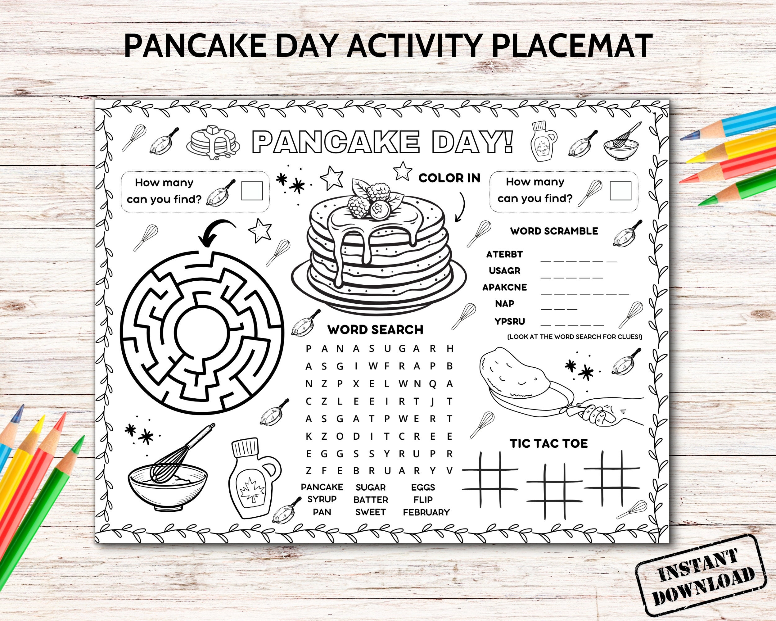 Pancake Day Activity Placemat Printable Pancake Craft Coloring Page Shrove Tuesday Table Game Mat Kids Preschool Classroom Coloring Sheet Etsy UK