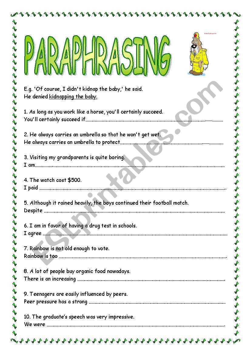 Paraphrasing ESL Worksheet By Peg1