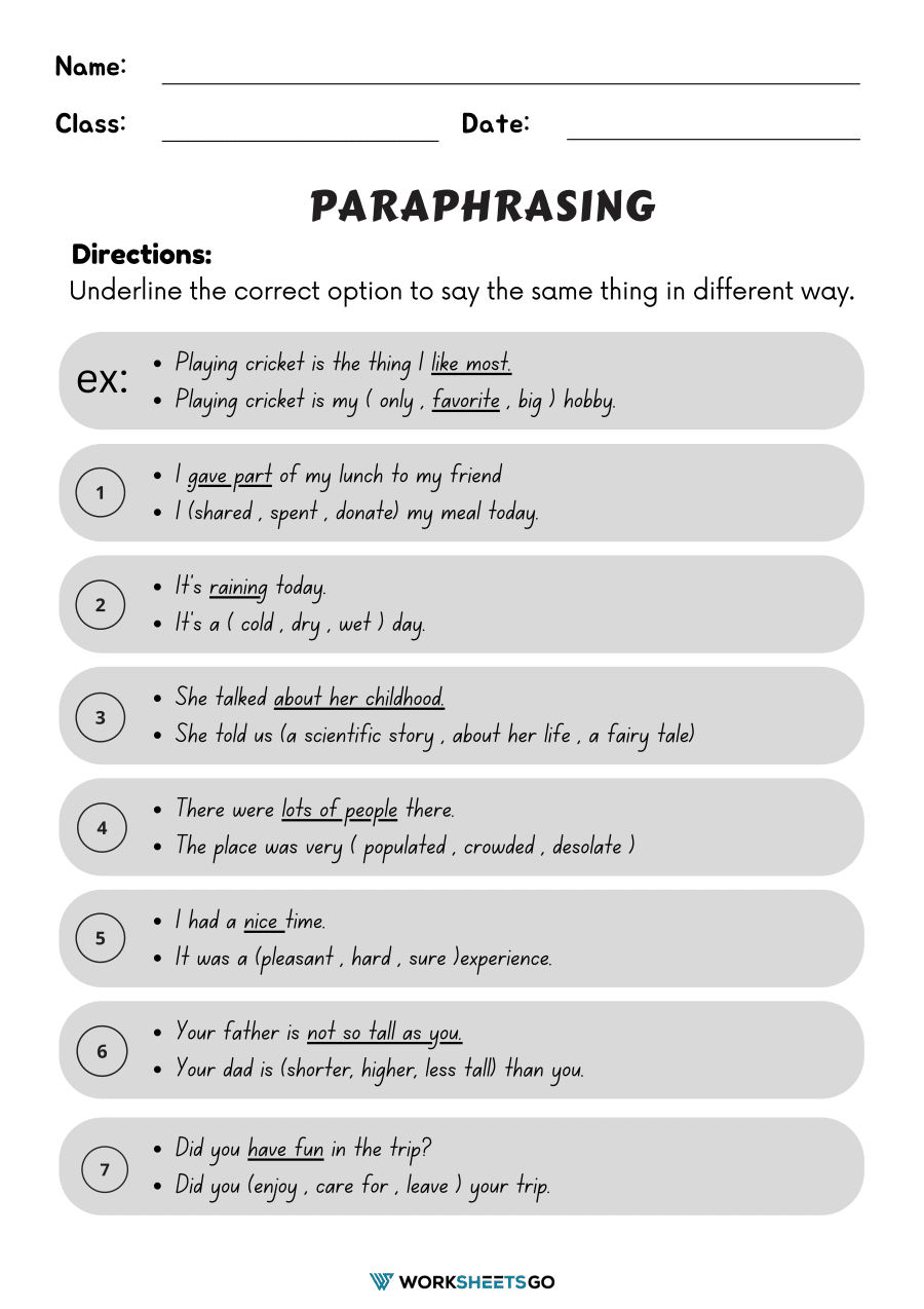 Paraphrasing Worksheets WorksheetsGO