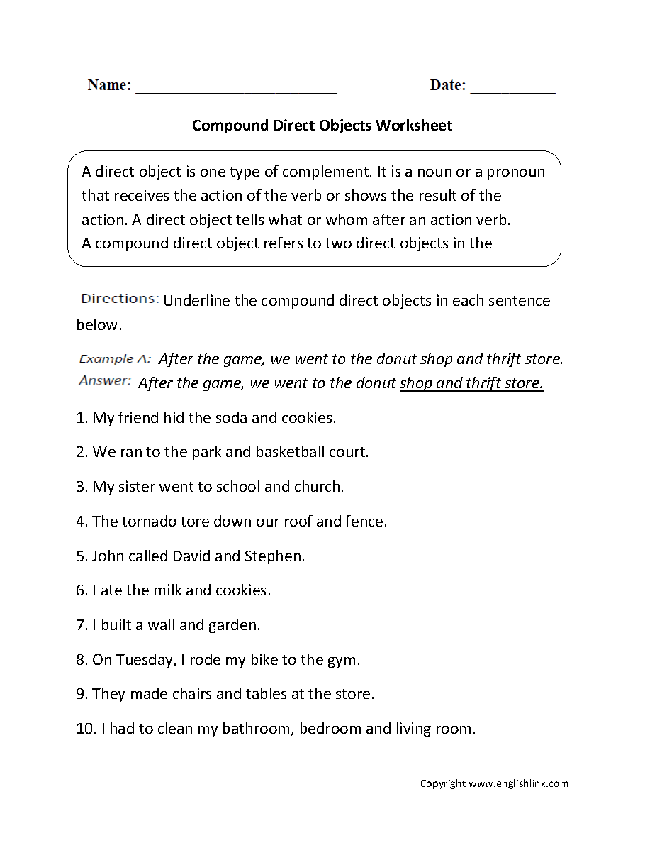 Parts Of A Sentence Worksheets Direct And Indirect Objects 