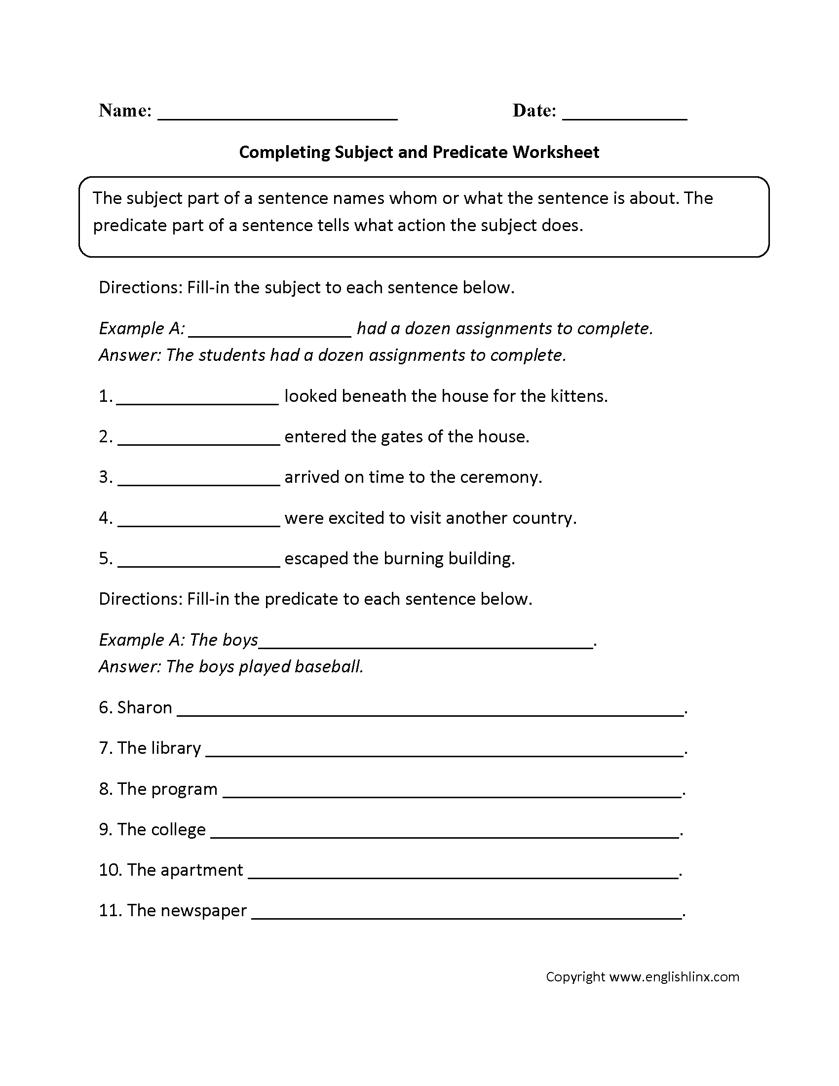 Free Printable Simple Subject Worksheets Kindergarten