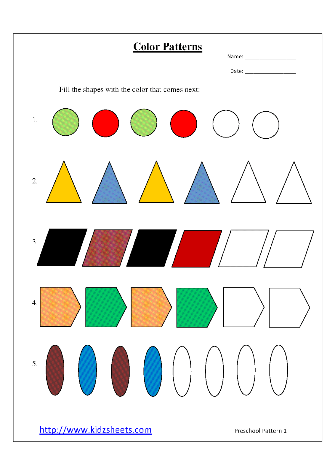 Free Printable Shape Patterns Worksheets