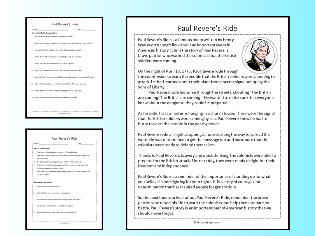 Paul Revere s Ride Reading Comprehension Passage Printable 