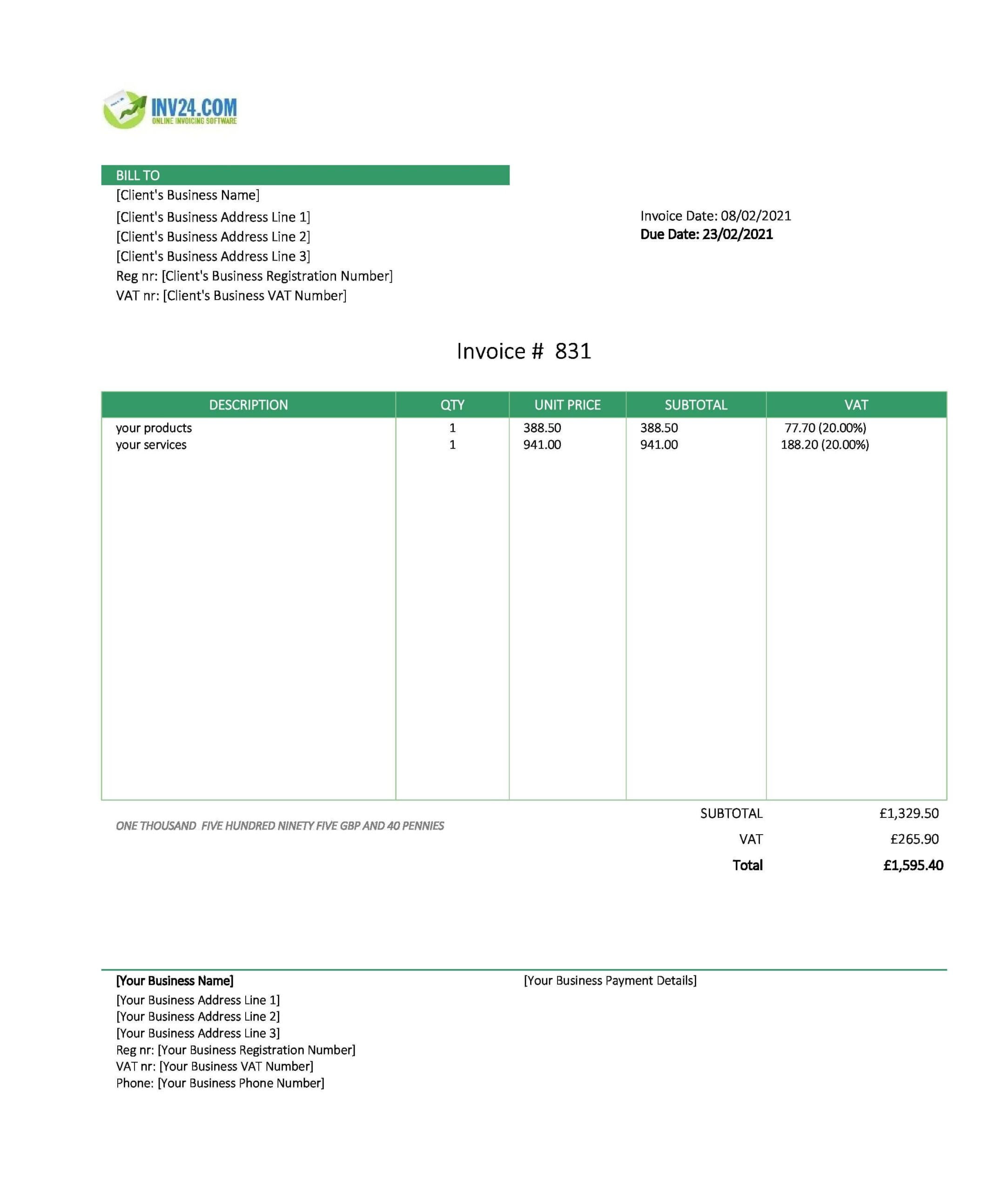 Personal Invoice Template UK Excel Google Sheets 