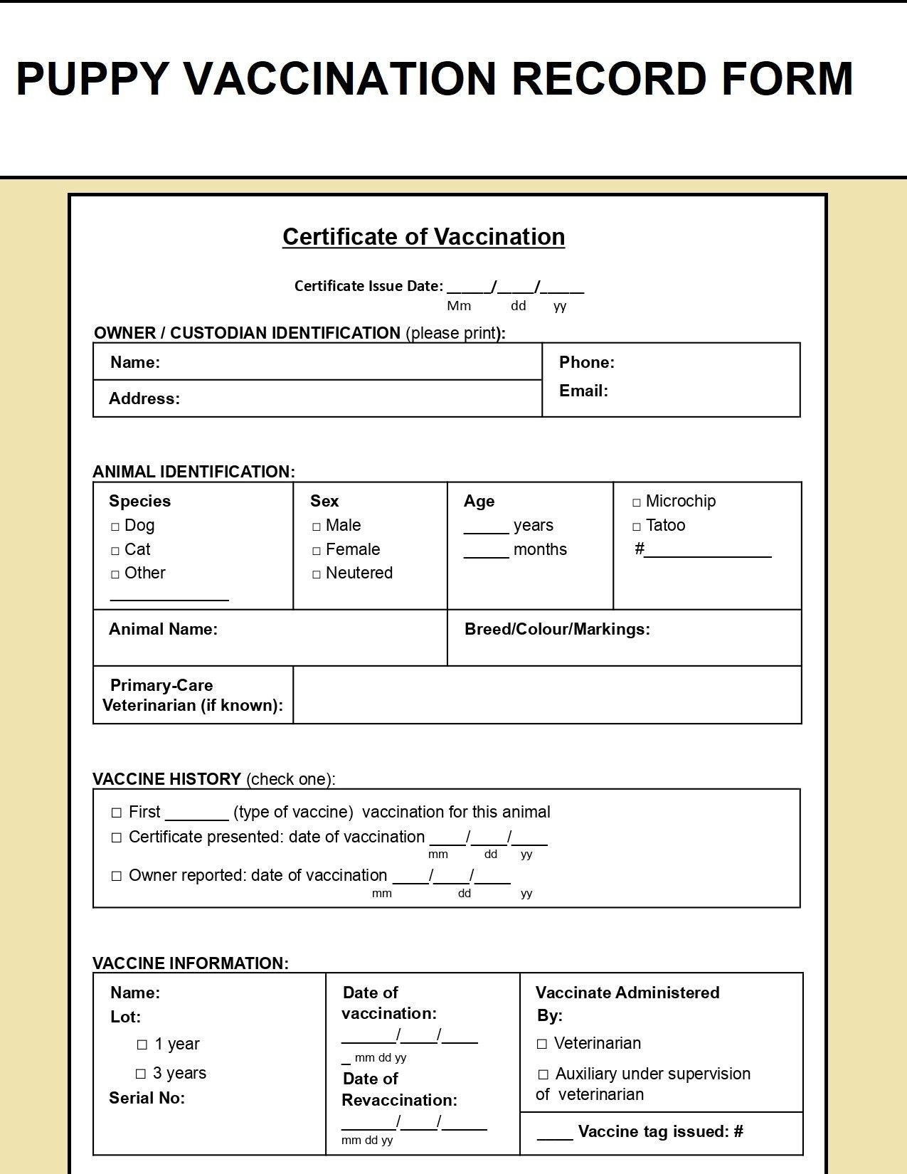 Pet Vaccination Record Template Puppy Vaccination Record Form Dog Vaccination Record PDF And Editable Word Document Instant Download Etsy