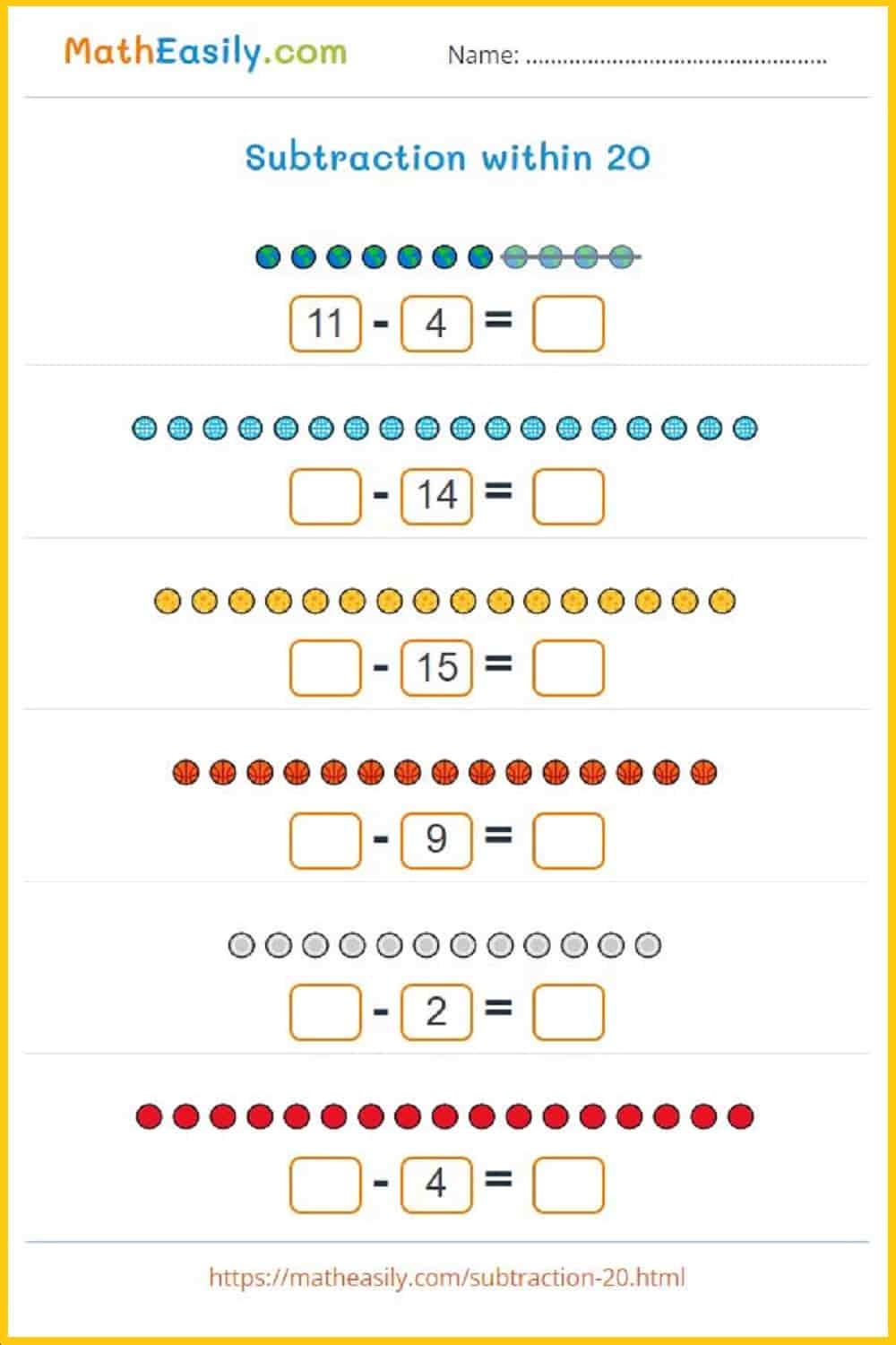 Picture Subtraction Within 20 Games Worksheets