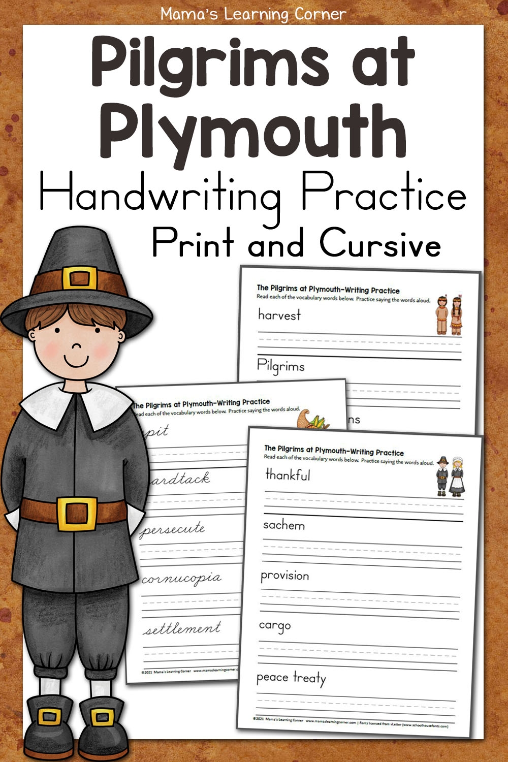 Pilgrims Handwriting Practice Worksheets In Print And Cursive 