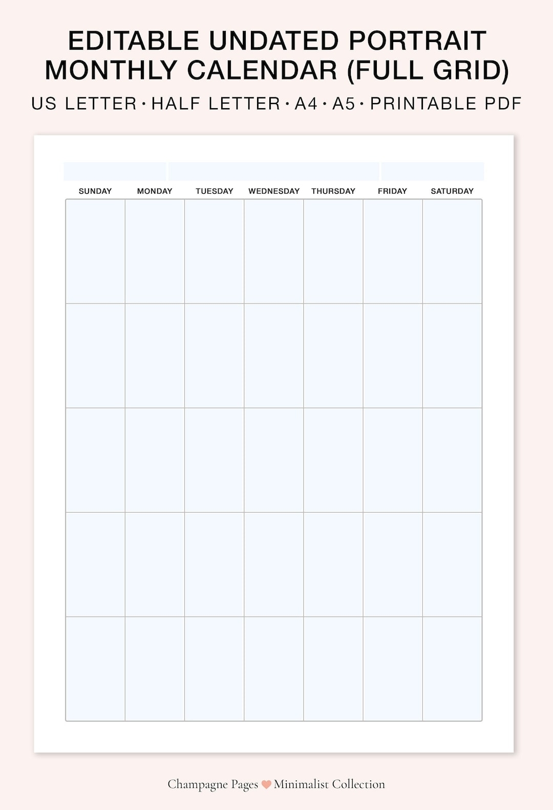 Portrait Editable fillable Monthly Calendar Printable Blank Monthly Calendar Template Undated Vertical Calendar A5 a4 letter half Size Etsy