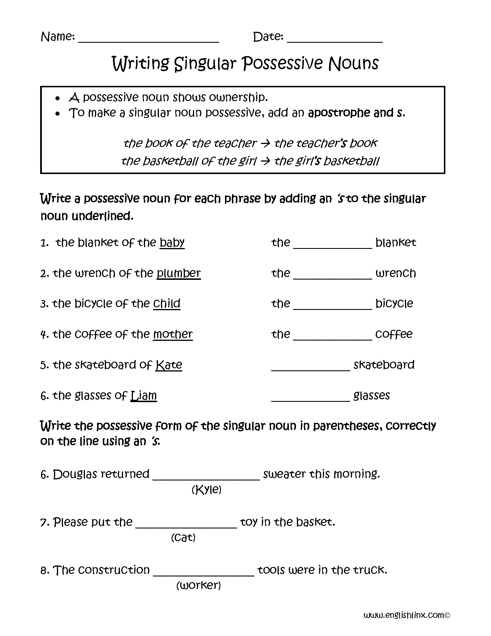 Possessive Nouns Worksheets Writing Singular Possessive Nouns Possessive Nouns Worksheets Writing Singular Possessive Nouns
