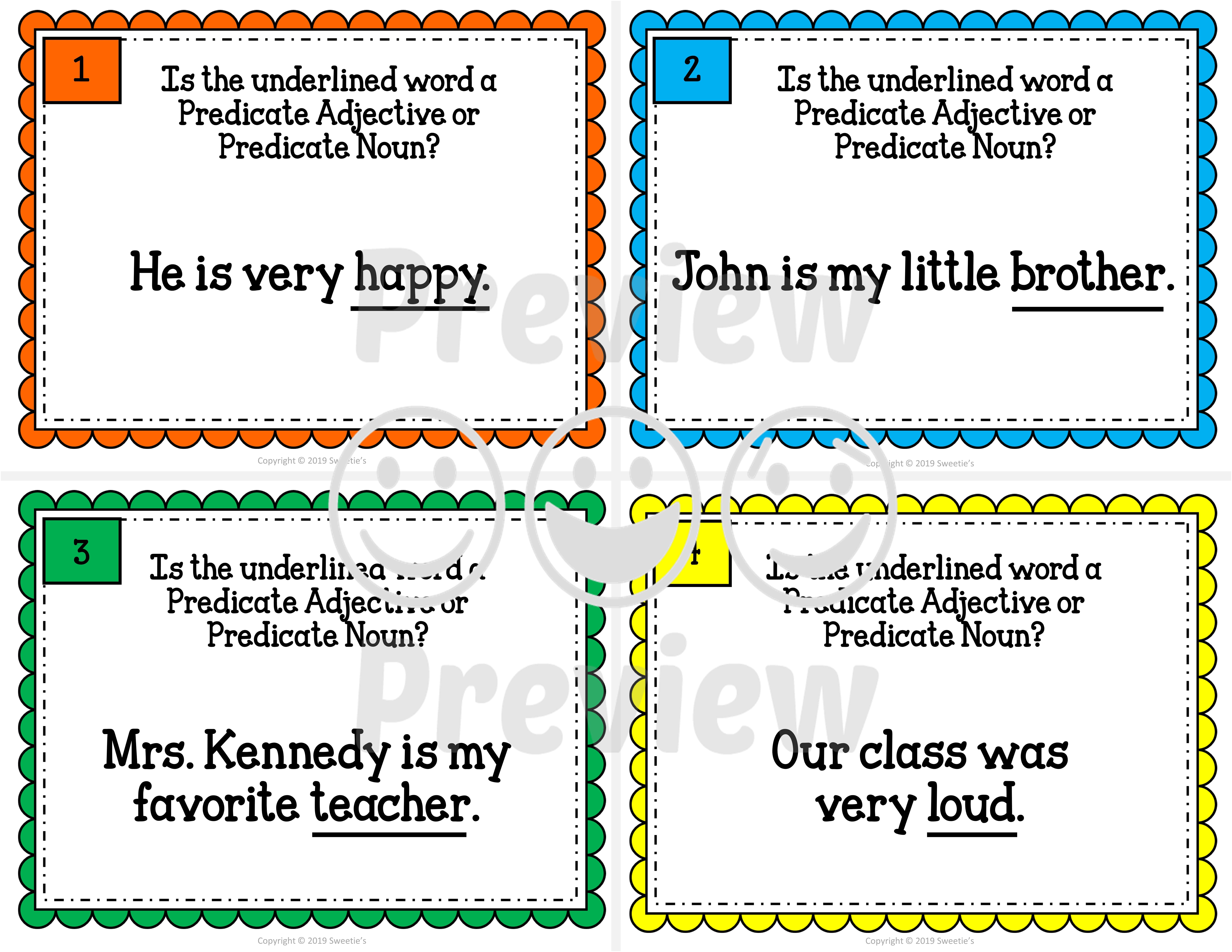 Predicate Adjective Predicate Noun Task Cards Classful