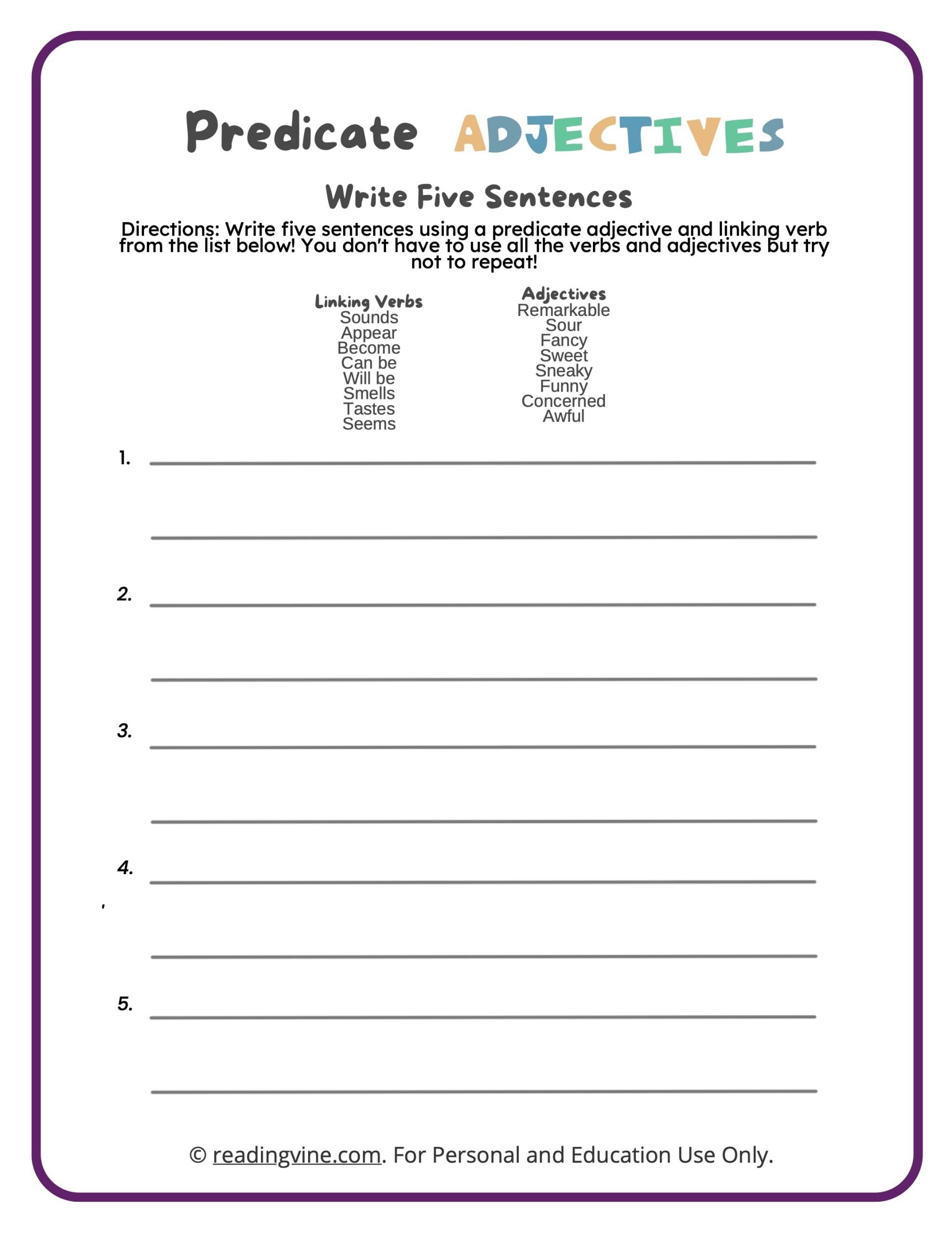 Predicate Adjectives Worksheets ReadingVine