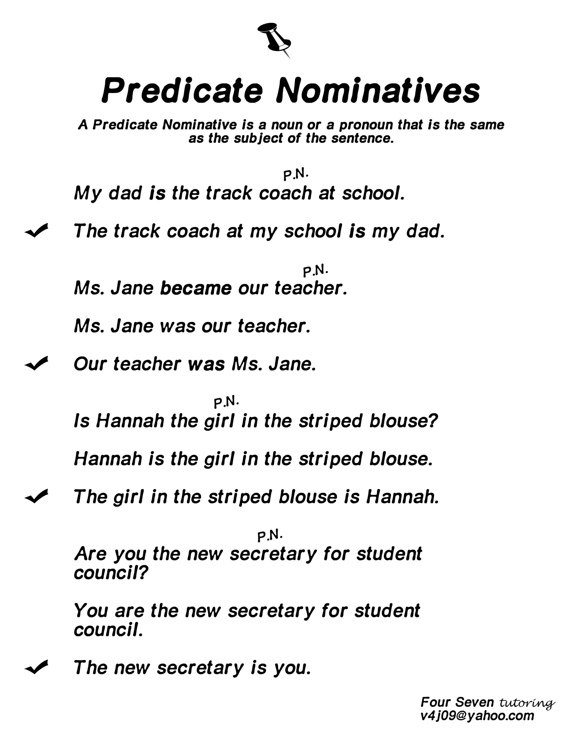 Predicate Nominatives Resource Four Seven Worksheets Library