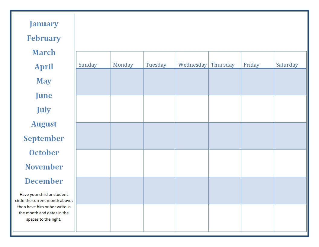 Free Printable Blank Calendars For Kindergarten