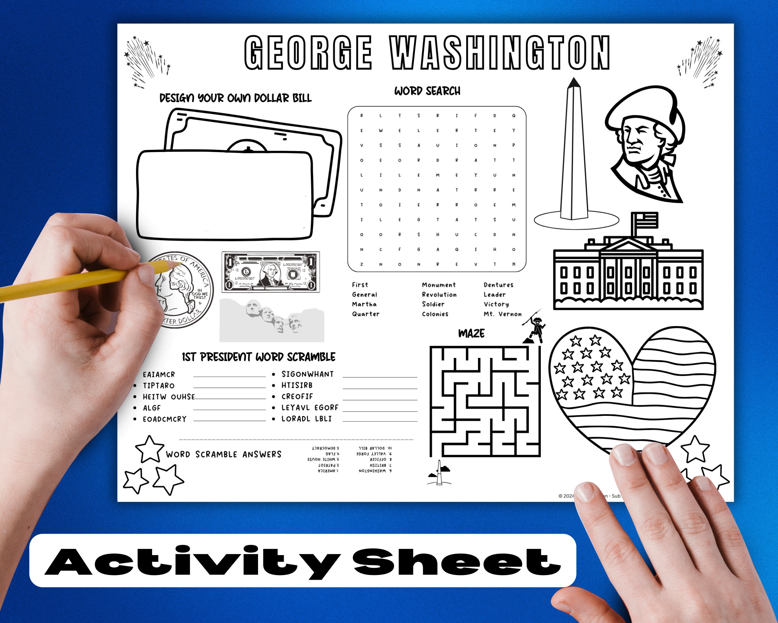Presidents Day Activity Printable George Washington Coloring Sheet Word Search Placemat PDF Learning Resource Classroom Activity Etsy