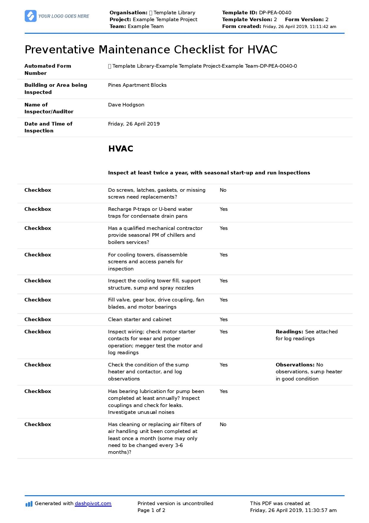 Preventive Maintenance For HVAC Use The Free Checklist Template
