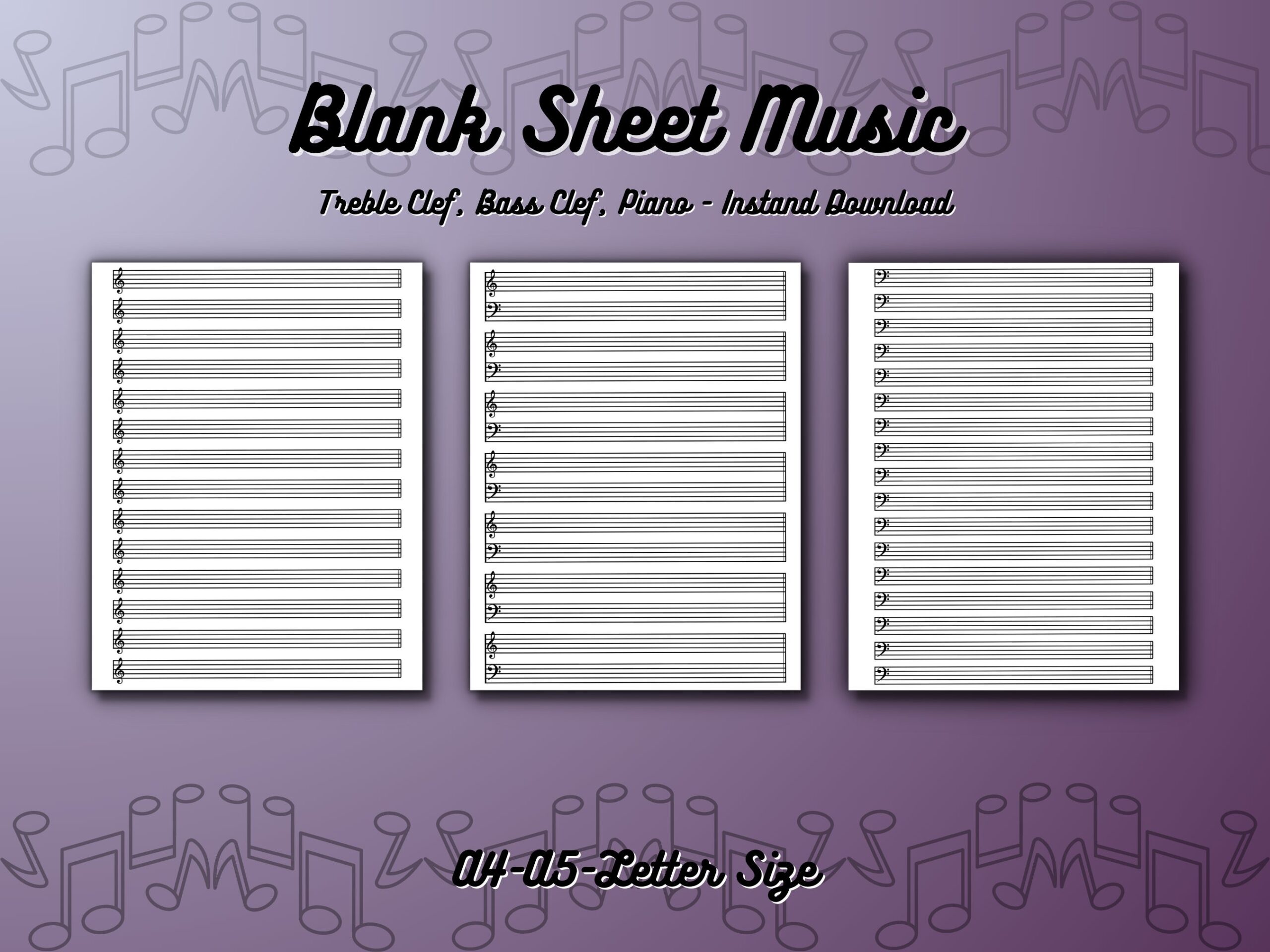 Printable Blank Sheet Music Treble Clef Bass Clef Piano Three PDF Sizes US Letter Size A4 Size And A5 Sizes Etsy