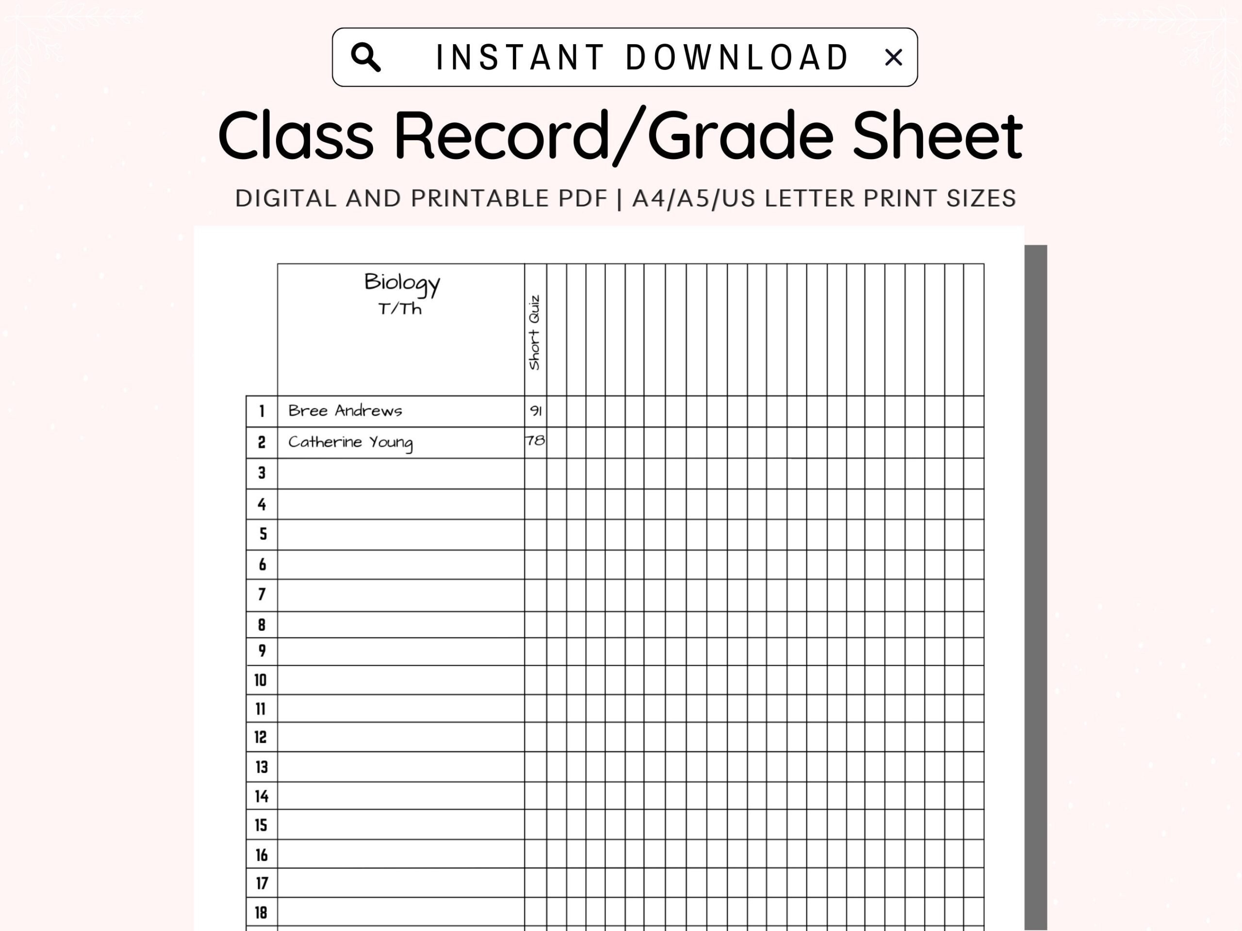 Printable Class Record Grade Sheet Class Gradebook Teacher 