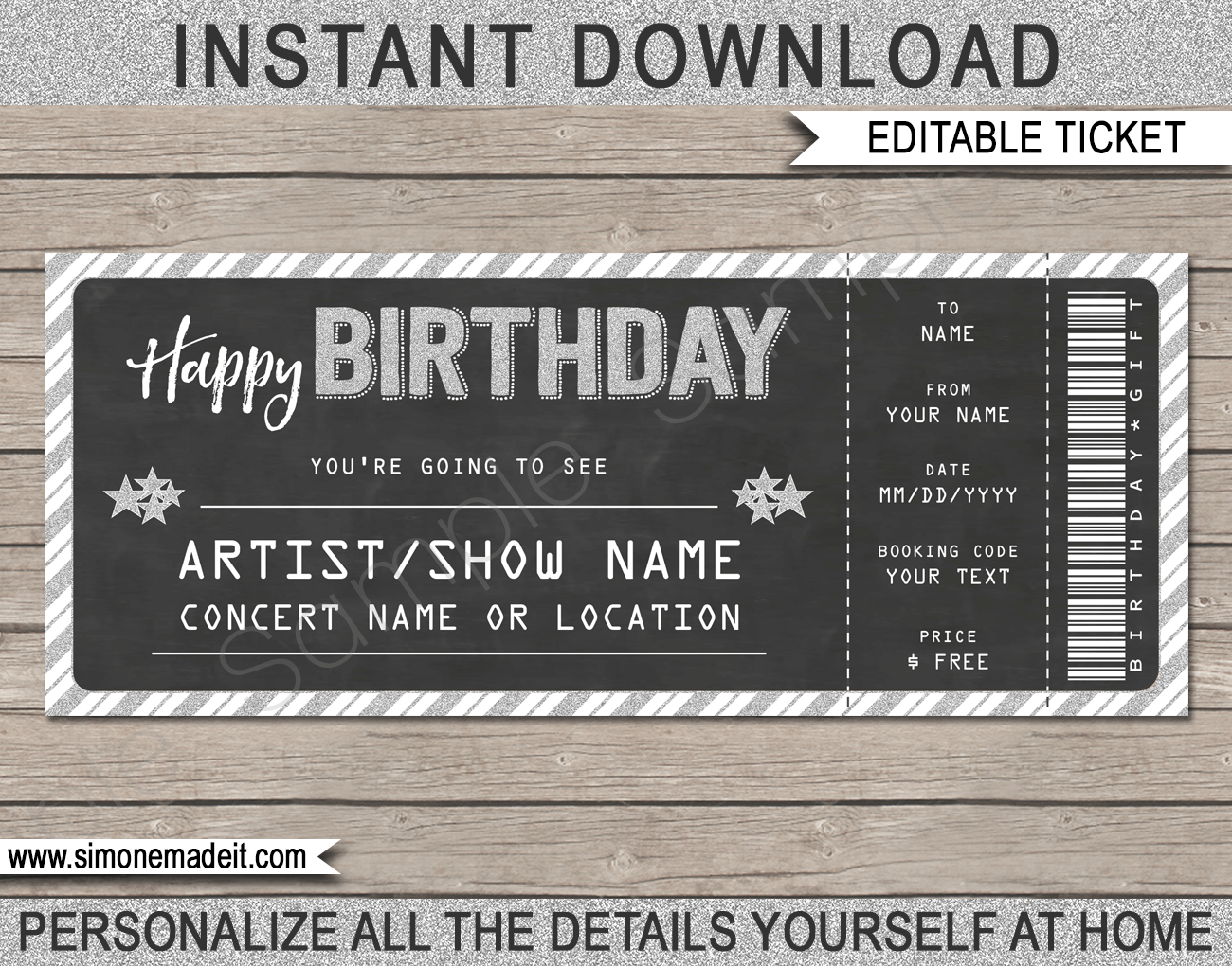 Printable Concert Ticket Template Birthday Gift Voucher Editable Text