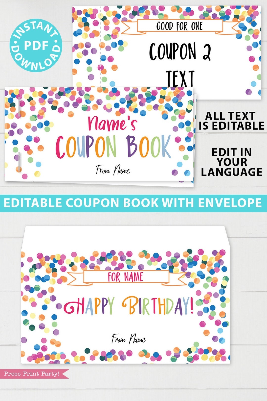 Printable Coupon Book Template DIY Birthday Coupons Book Custom Gift Idea Confetti Editable Blank Coupon Book For Kids INSTANT DOWNLOAD Etsy