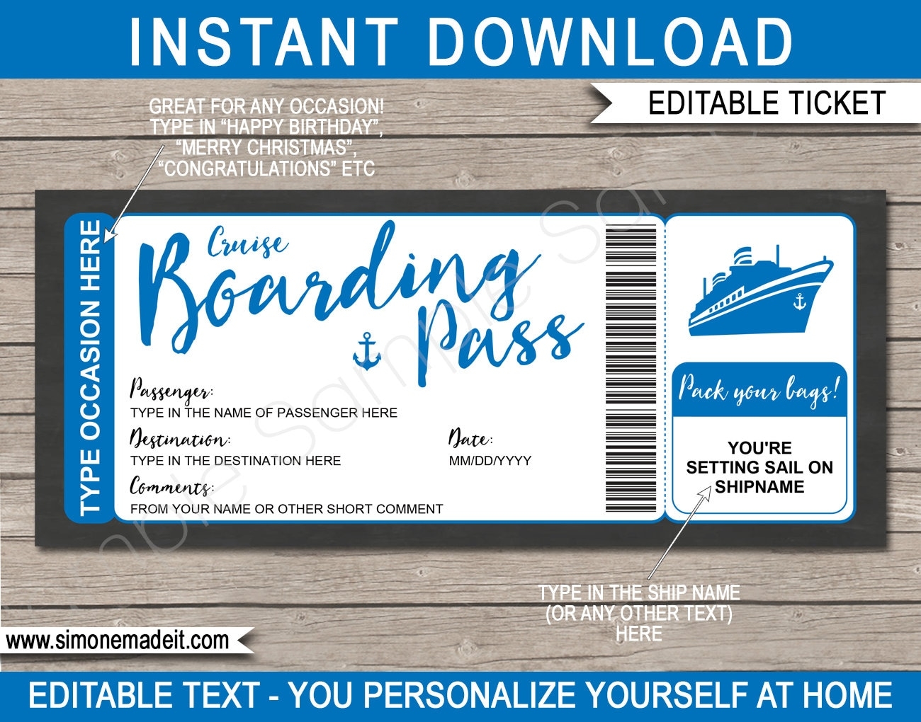 Printable Cruise Ticket Template Boarding Pass Gift Voucher Surprise Cruise Reveal Coupon Card Idea Blue Boat EDITABLE TEXT DOWNLOAD