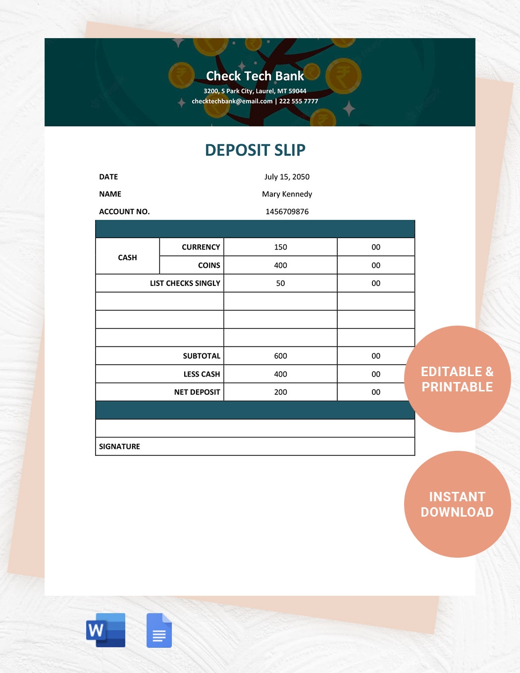 Printable Deposit Slip Template In Word Google Docs Download Template 