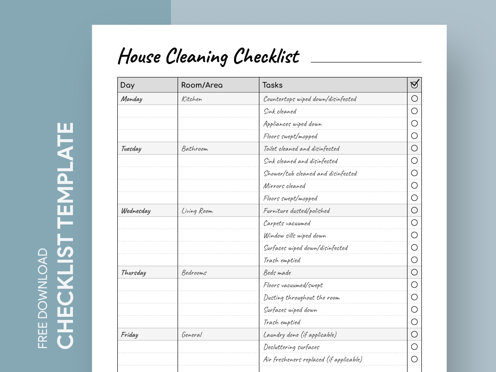 Printable House Cleaning Checklist By Gdoc On Dribbble