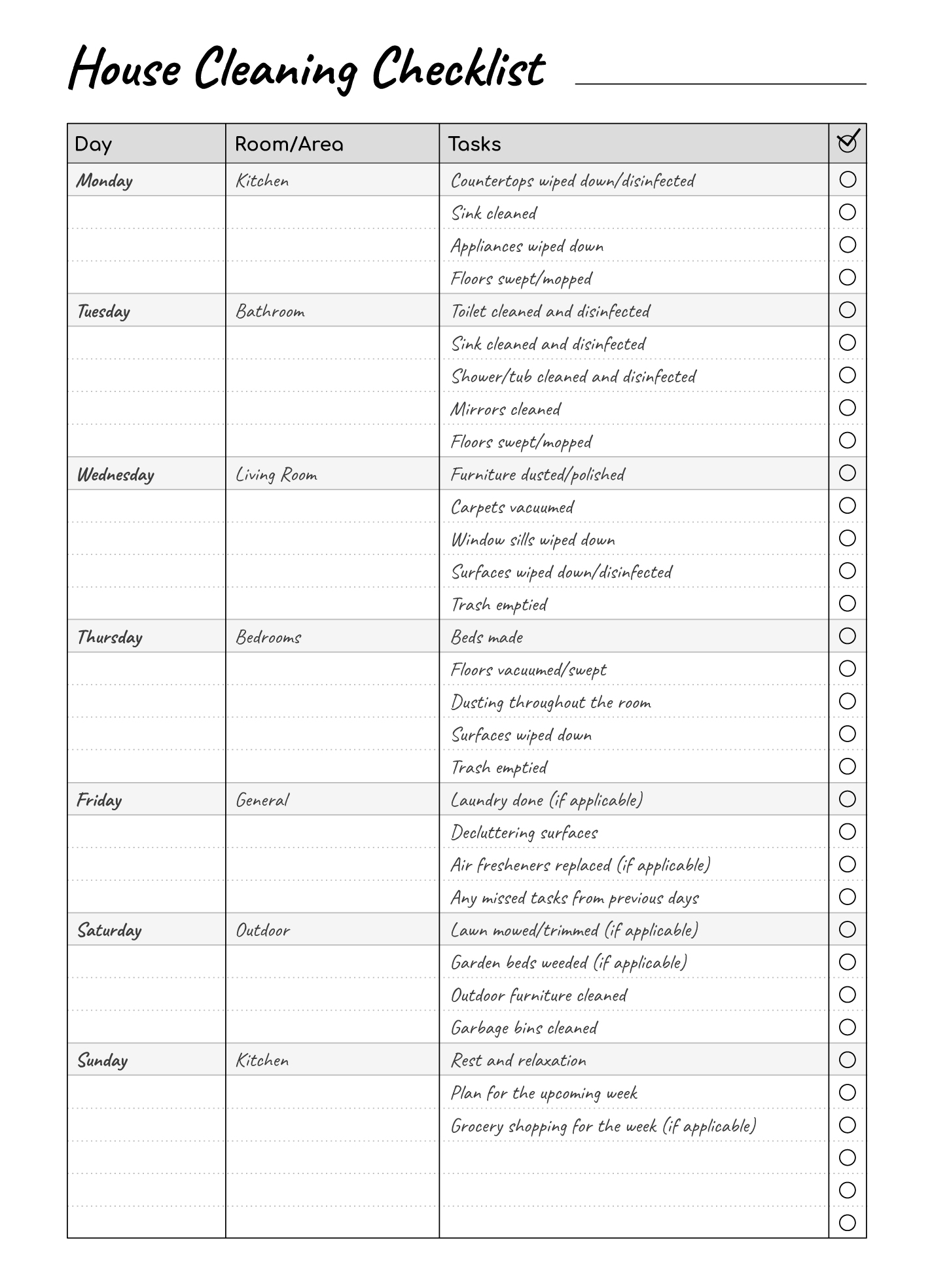 Printable House Cleaning Checklist Free Google Docs Template Gdoc io Worksheets Library