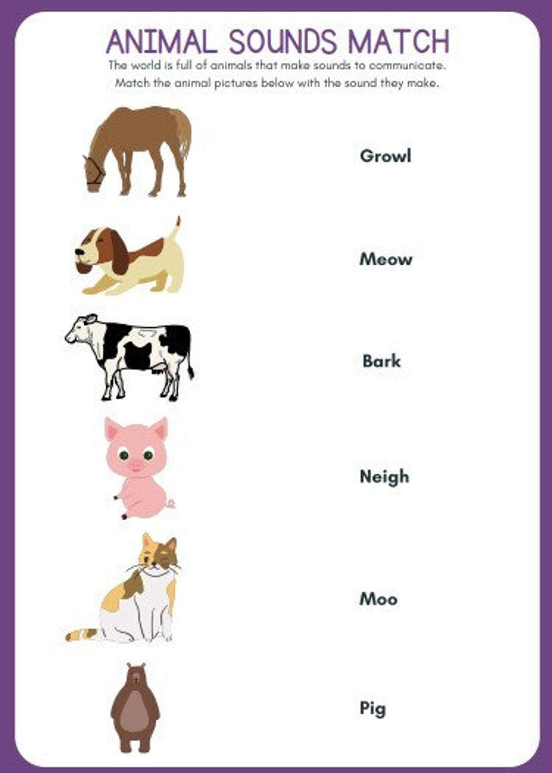 Printable Literacy reading writing Help Match Animal To Their Sound 1 Worksheet For Elementary Students Etsy