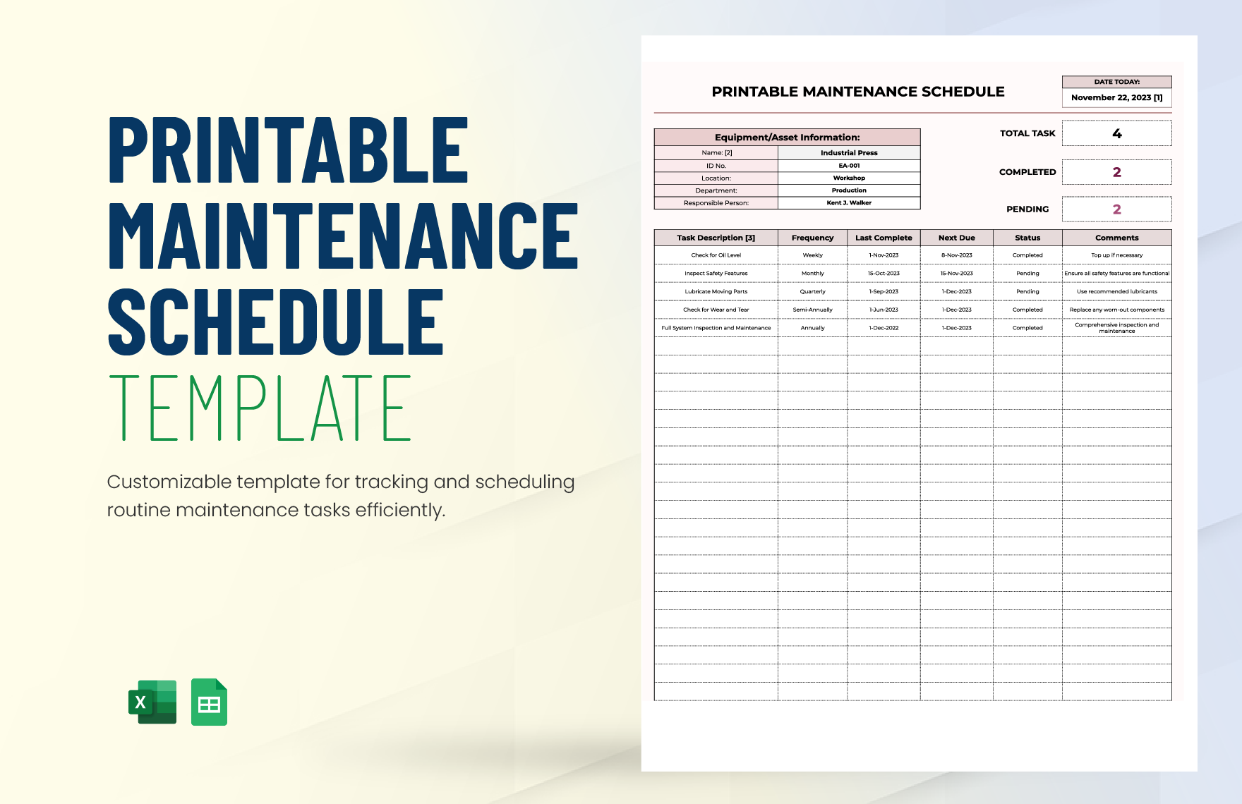 Printable Maintenance Schedule Template In Excel Google Sheets Download Template