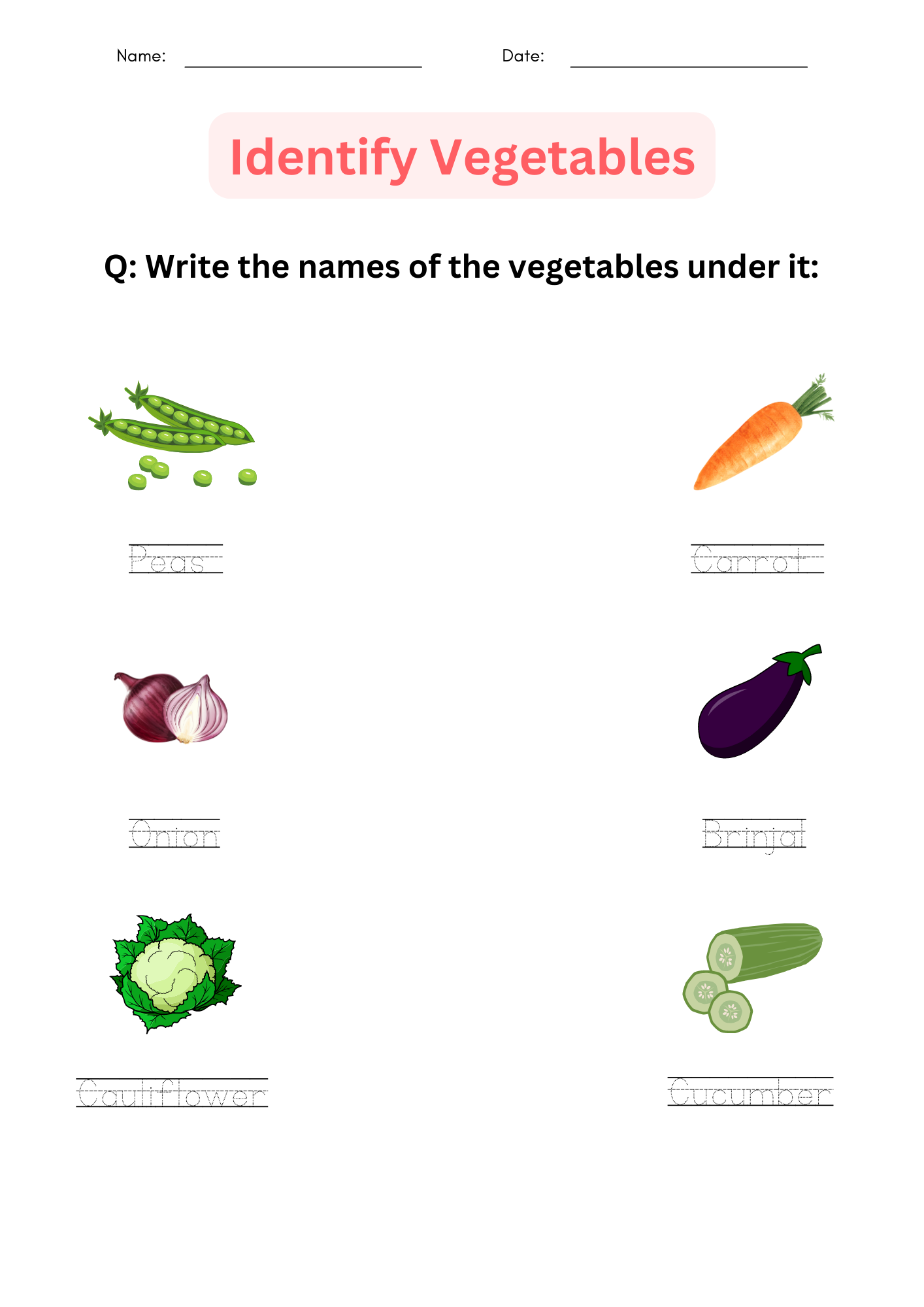 Printable Matching Identify Vegetables Worksheet For Kindergarten 