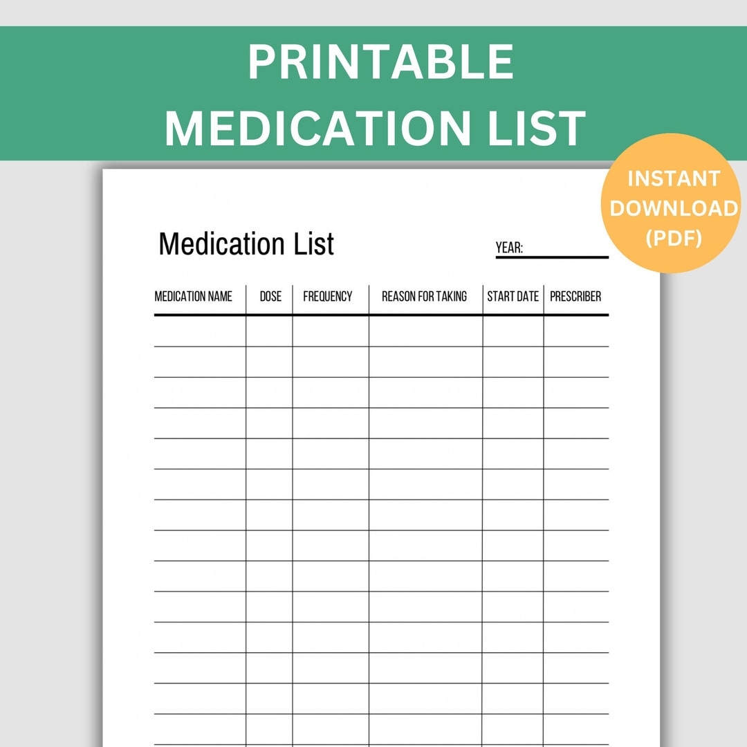 Printable Medication List Template Track Medications Instant Download To Keep Track Of Medicines Caregiver Resource Supplement List Etsy