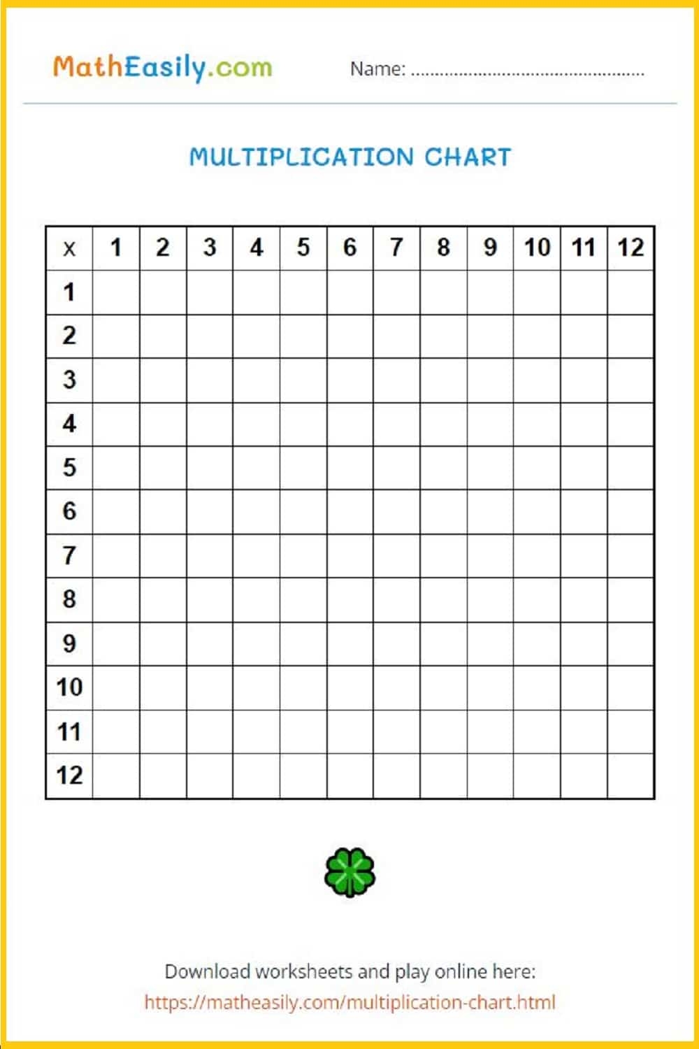 Blank Multiplication Table Free Printable