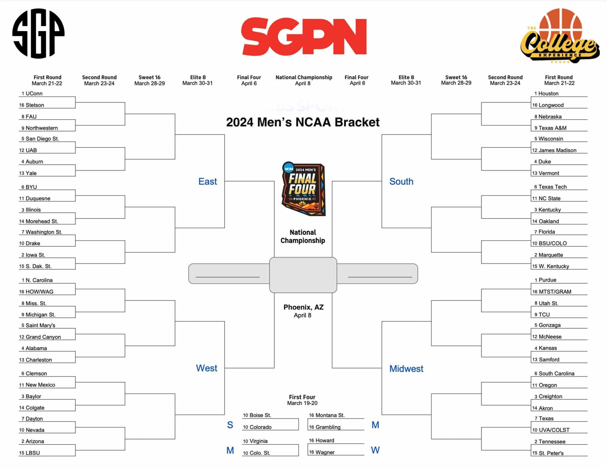 Printable NCAA Tournament Bracket 2024 March Madness Blank PDF 