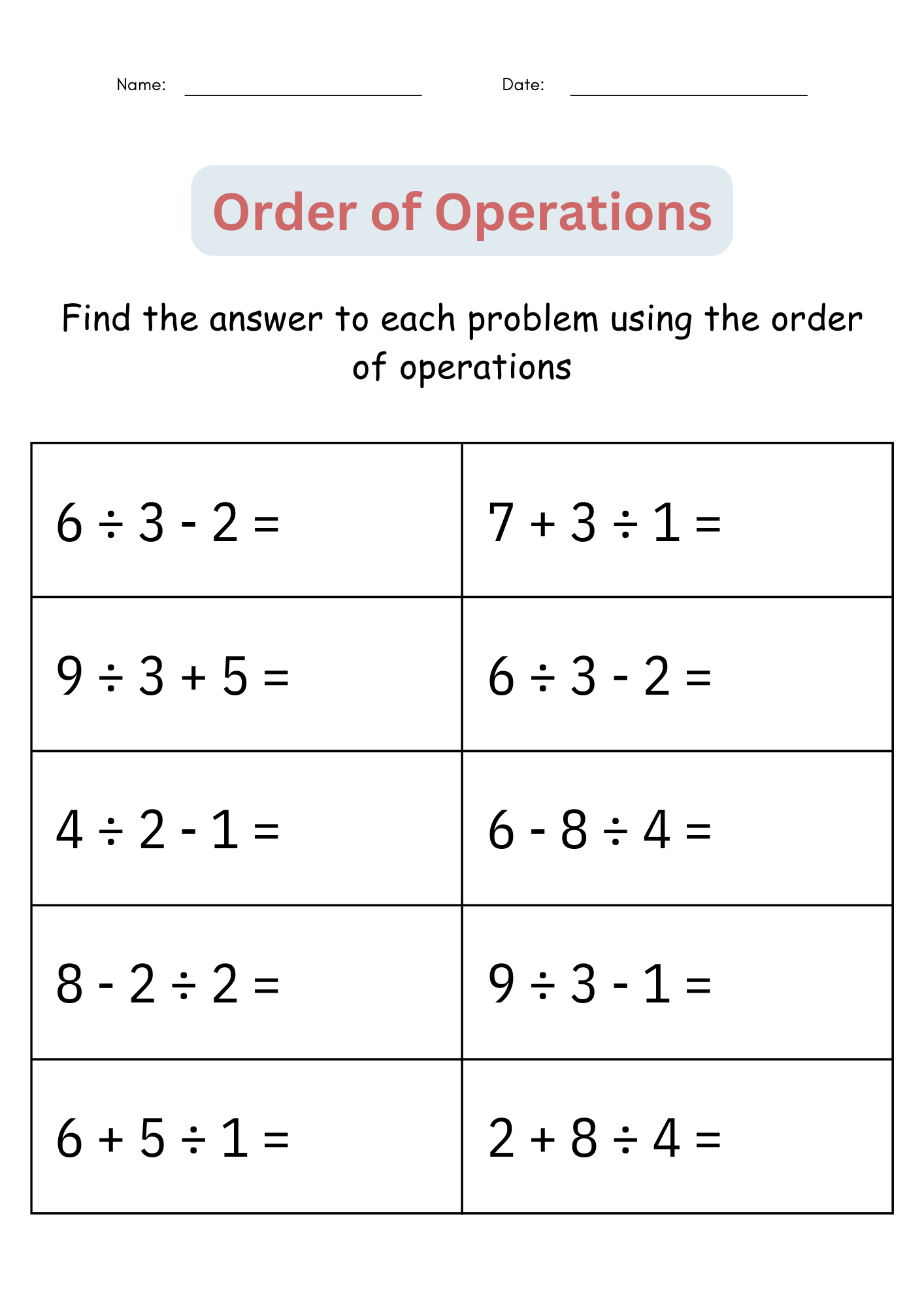 Free Printable Worksheets Order Of Operations