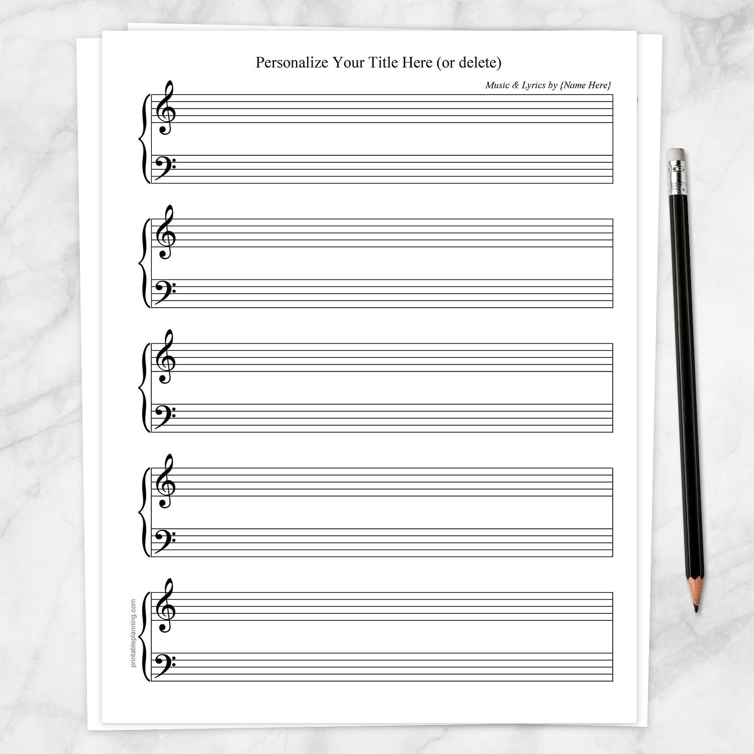 Printable Personalized Sheet Music BLANK Piano And Vocals Personalize Title And Name Instant Download