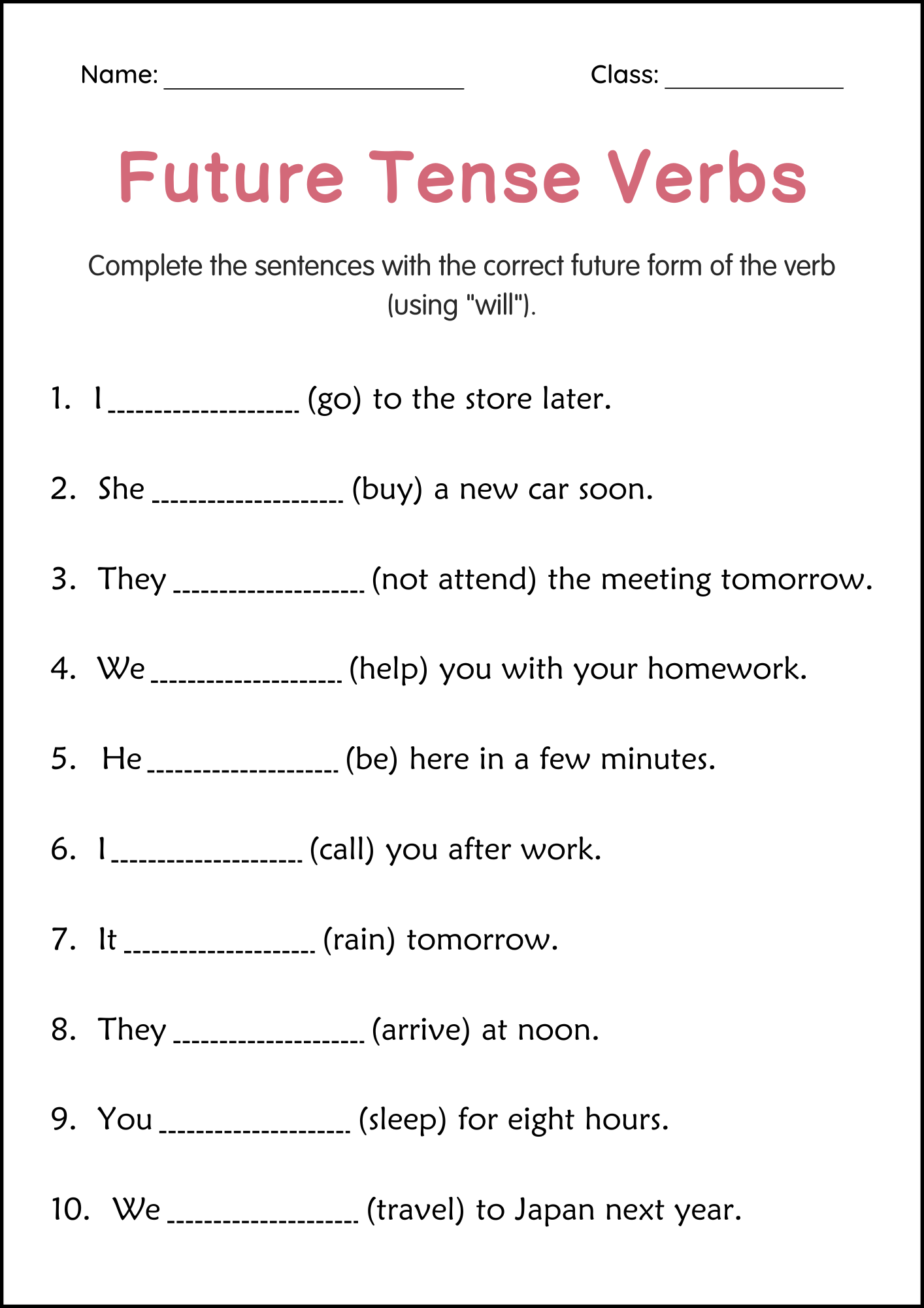 Printable Simple Future Tense Verbs Grammar Worksheets For Grade 2 3 4 Teaching Resources