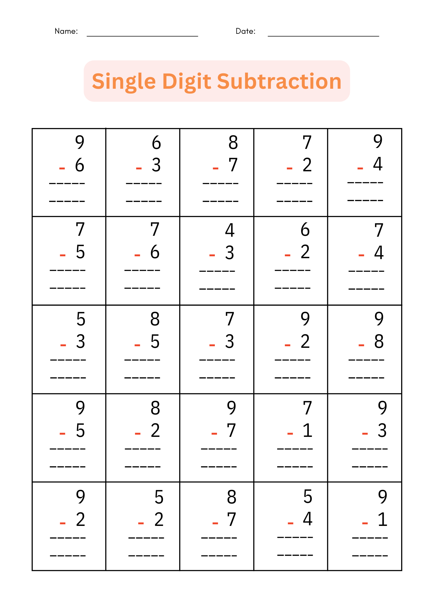 Printable Single Digit Subtraction 1 To 10 Number Math Worksheets For Grade 1 2