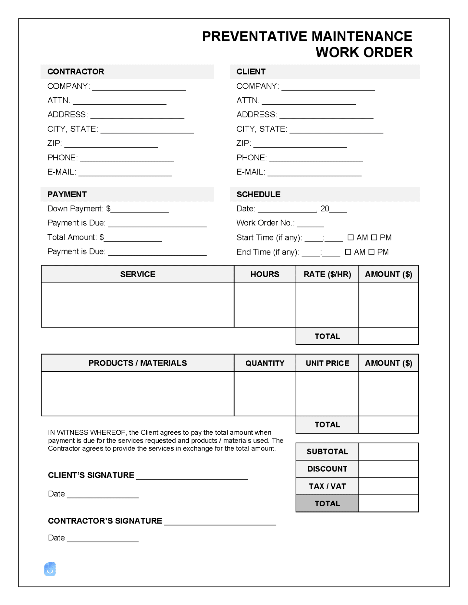 Free Blank Printable Work Order Template
