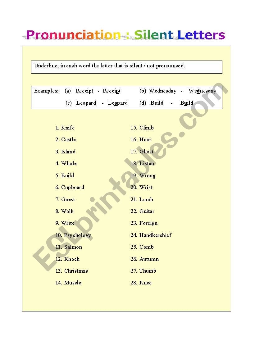 Pronunciation Of Silent Letters ESL Worksheet By Fergsire