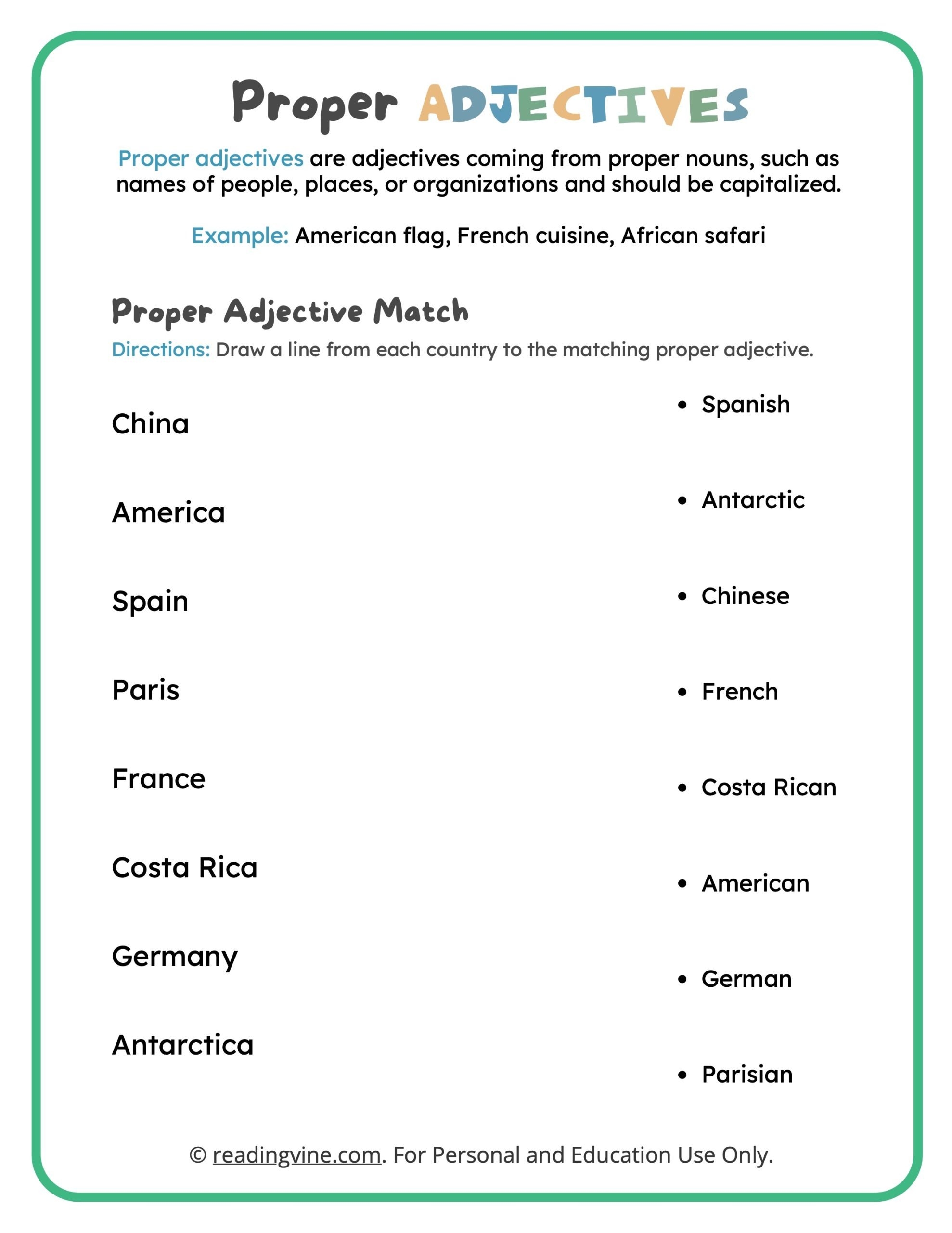 Proper Adjectives Worksheets ReadingVine