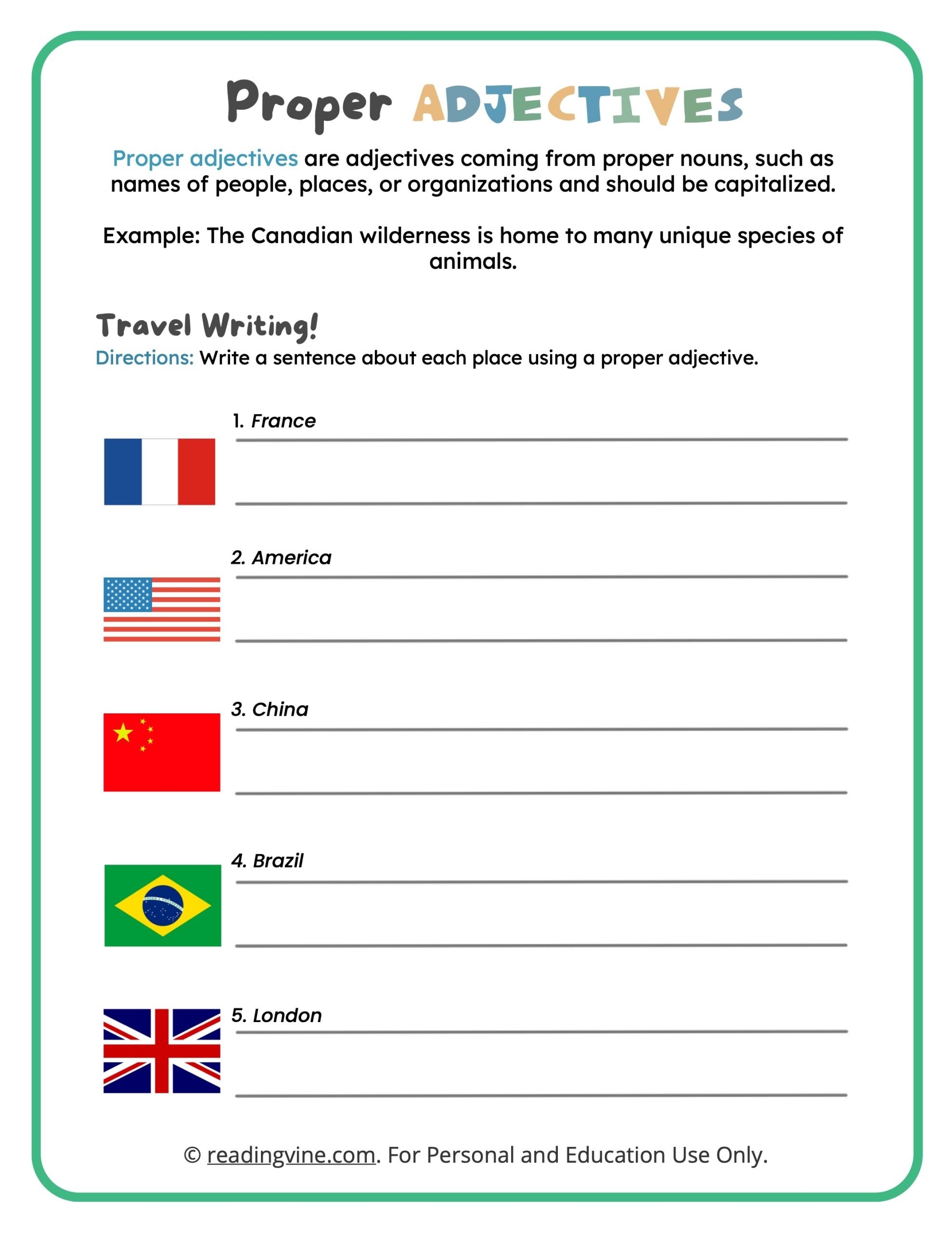 Proper Adjectives Worksheets ReadingVine