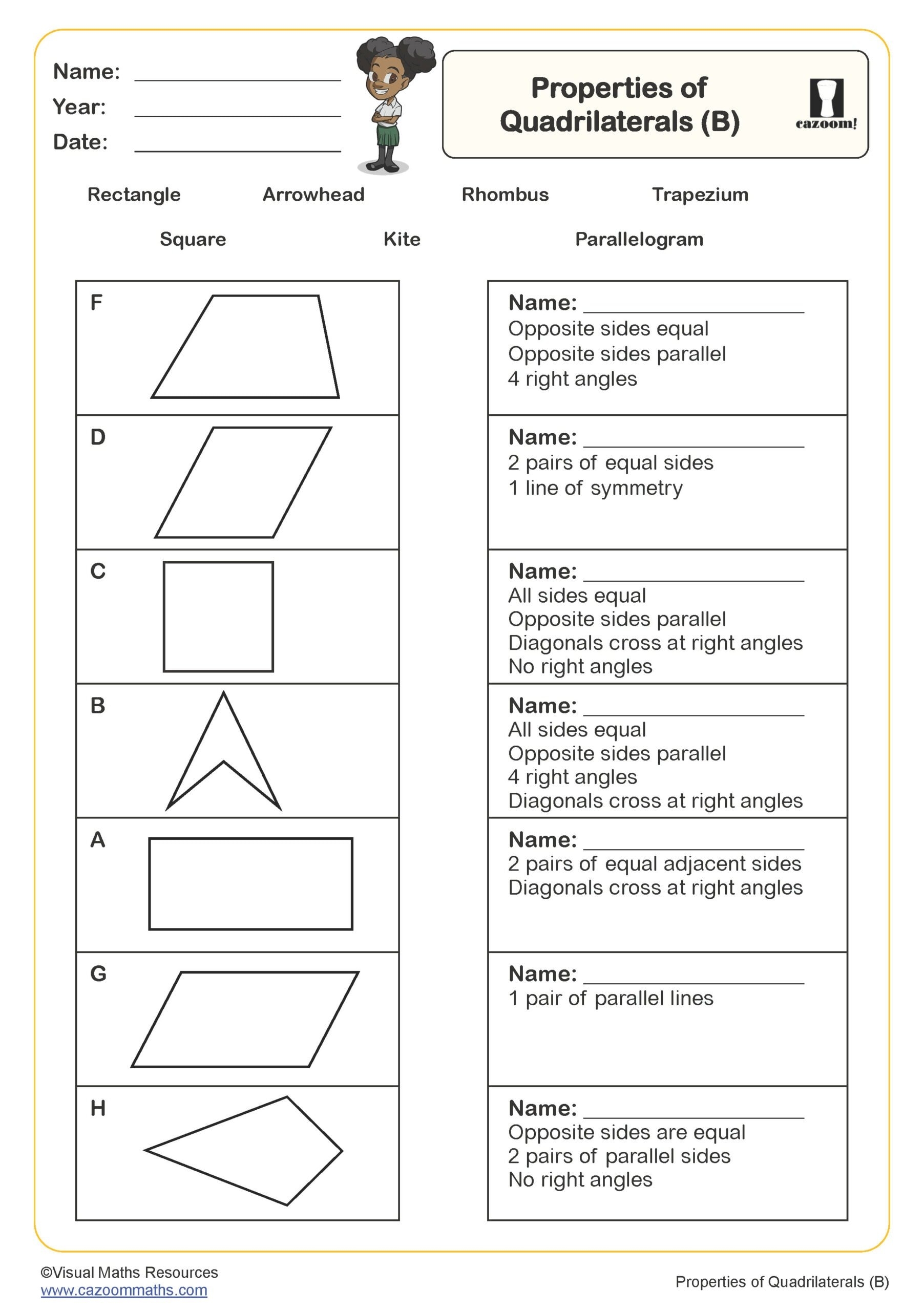 Properties Of Quadrilaterals B Worksheet PDF Printable 