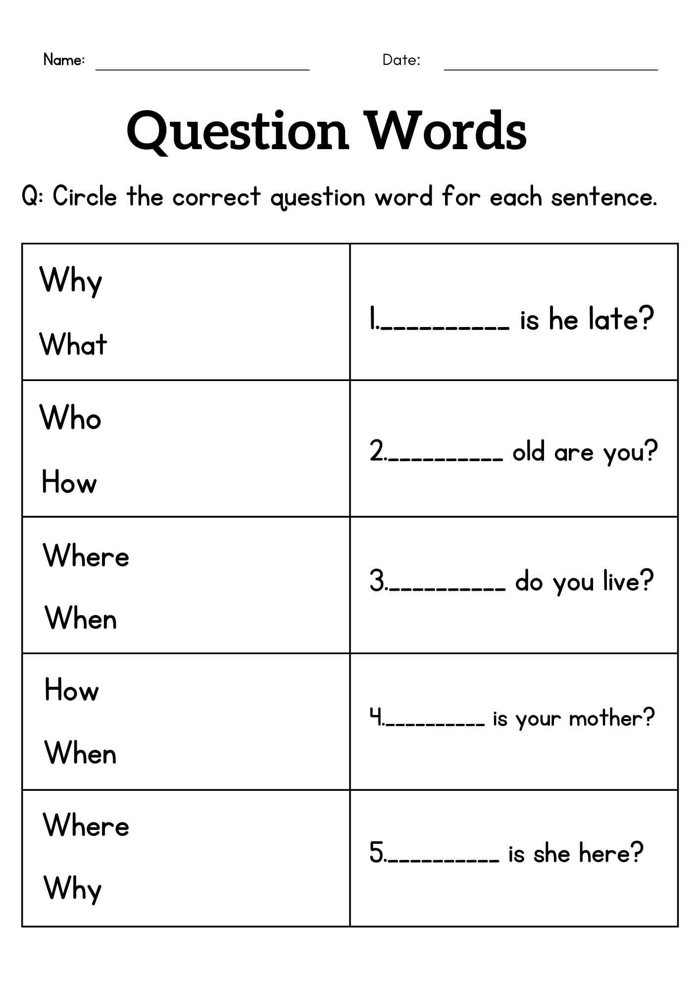 Question Words Worksheet For Grade 1 Or 2 Wh Questions Exercises 