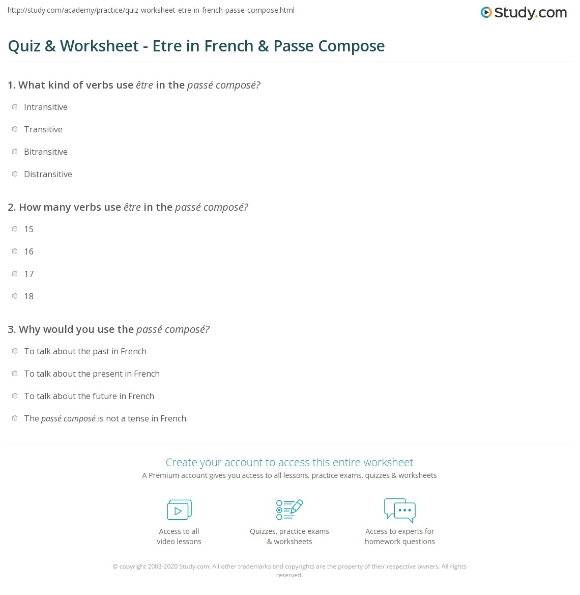 Quiz U0026 Worksheet Etre In French U0026 Passe Compose Study