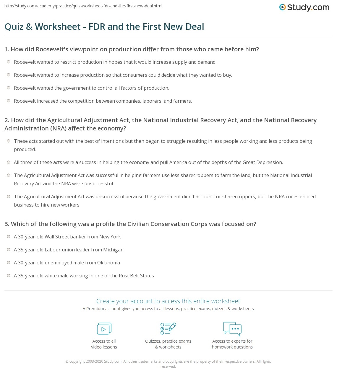 Quiz U0026 Worksheet FDR And The First New Deal Study Quiz U0026 Worksheet FDR And The First New Deal Study